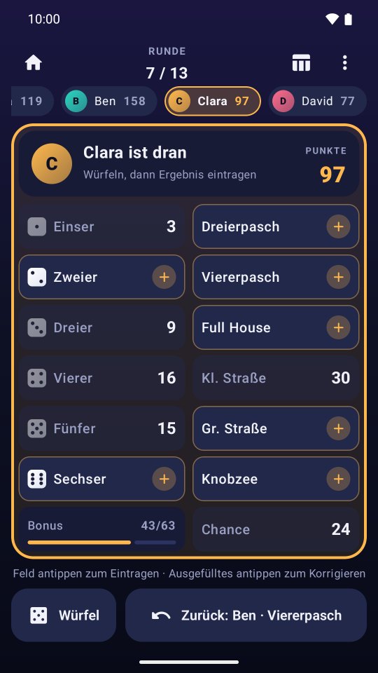 Spielblock mit farbig umrahmtem Eingabefeld der aktiven Spielerin.