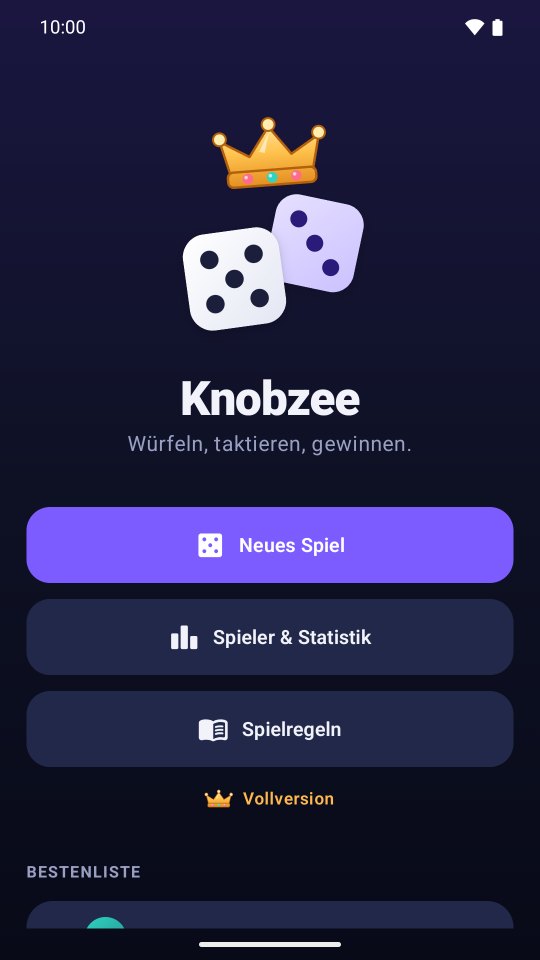 Startbildschirm von Knobzee mit zwei Würfeln und Krone.